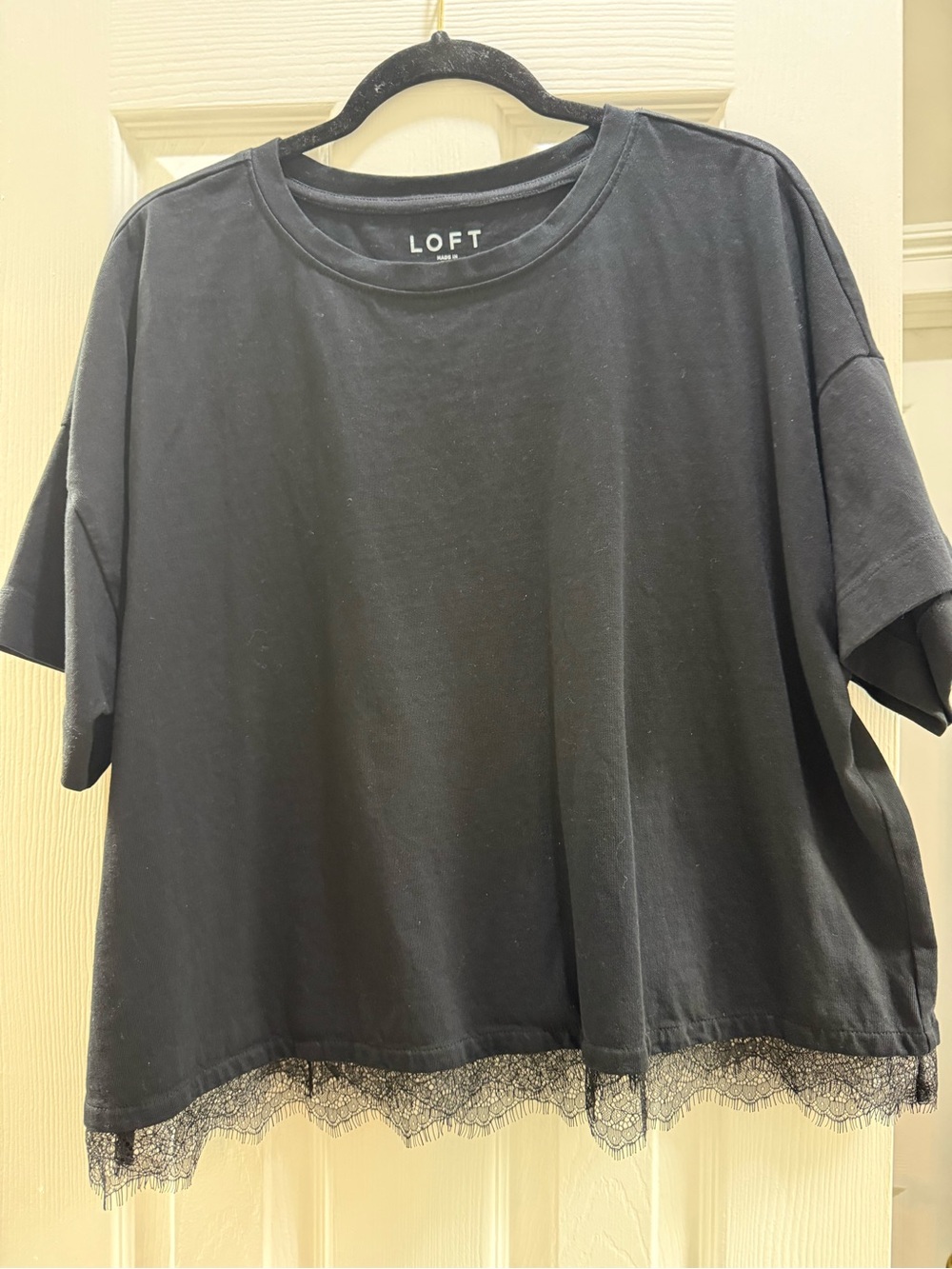 LOFT Black Boxy Tee with Lace Hem